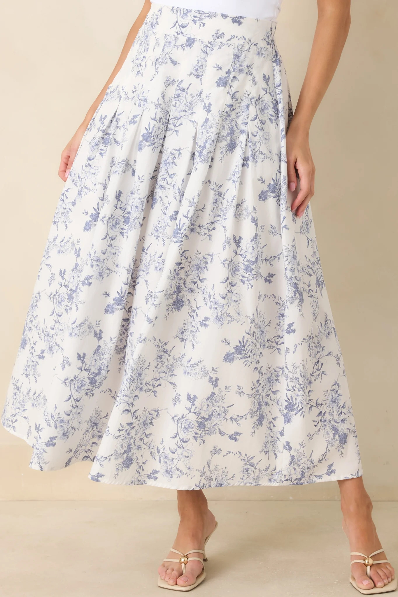 Once Upon a Daydream Blue & Ivory Floral Toile Cotton Maxi Skirt | Red Dress