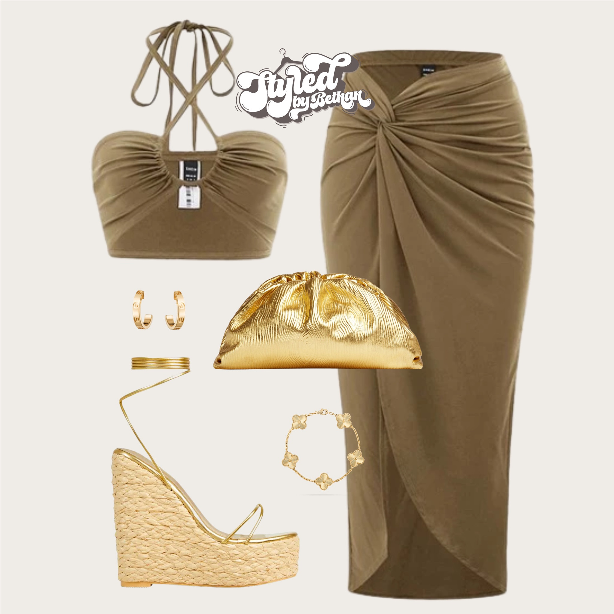Which colour do you prefer 🤩 tags: shein maxi skirt and halter neck crop top co ord in mocha brown and khaki, public desire gold wedges, Botegga gold clutch bag, van cleef gold bracelet, Cartier gold earrings. Summer vacation holiday outfit inspiration Inspo for dinner and drinks.

#LTKsummer #LTKstyletip #LTKeurope