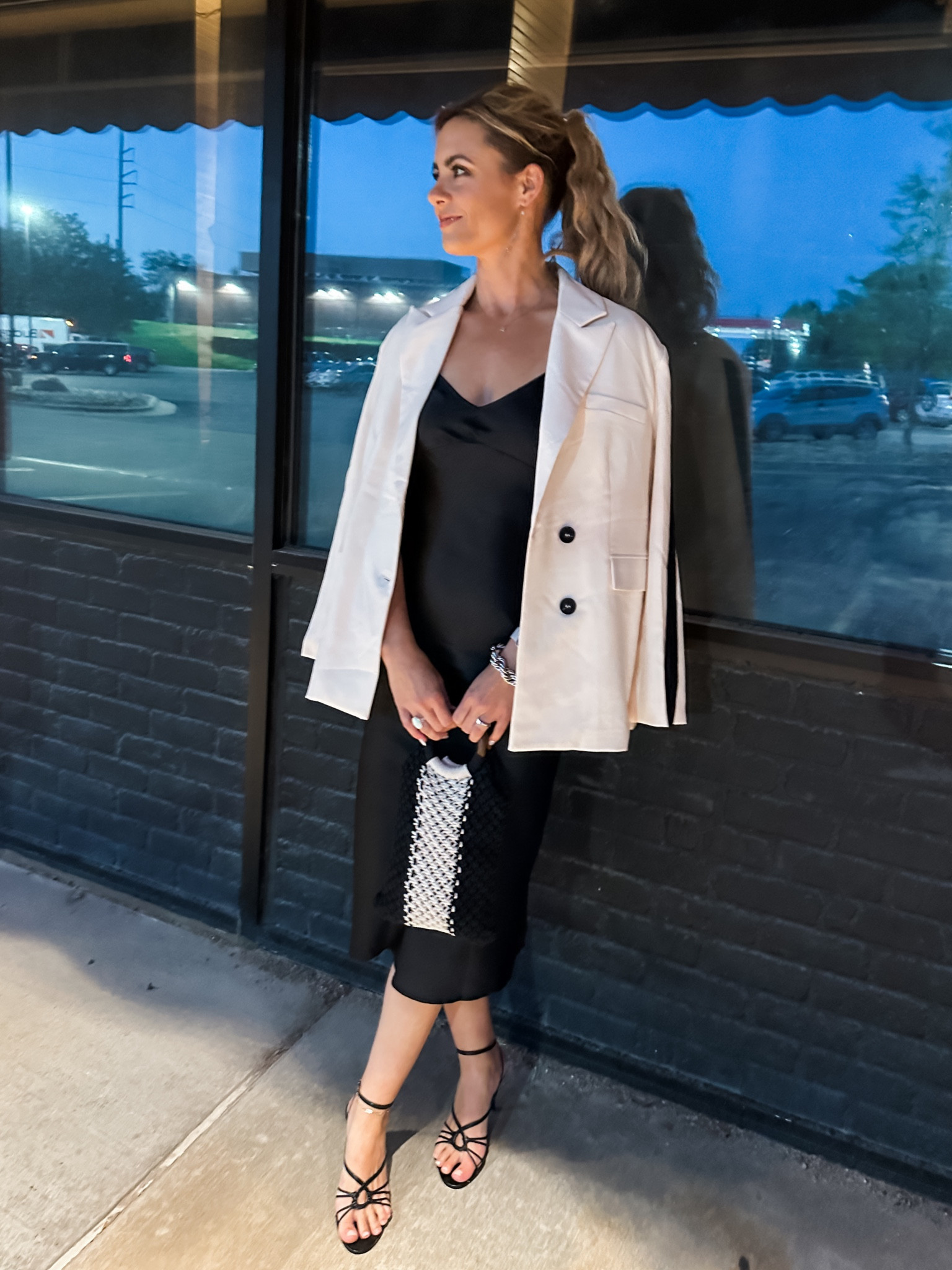 Date night look :: black slip dress, macrame bag (bag is Laude the Label in the Curateur Summer 2023 box), strappy sandal heels, ivory blazer, silver accessories, free people dress, Curateur bag, date night outfit, summer date night, lbd

#LTKwedding #LTKstyletip #LTKworkwear