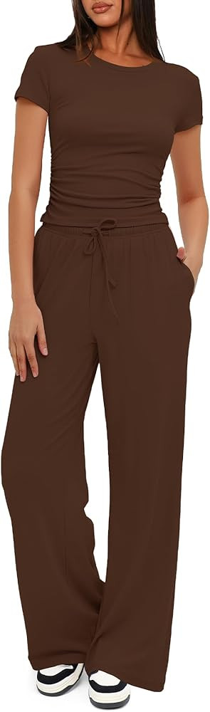 Darong Women's 2 Piece Summer Outfits Lounge Sets Side Ruched Short Sleeve Crop Top & Wide Leg Pa... | Amazon (US)