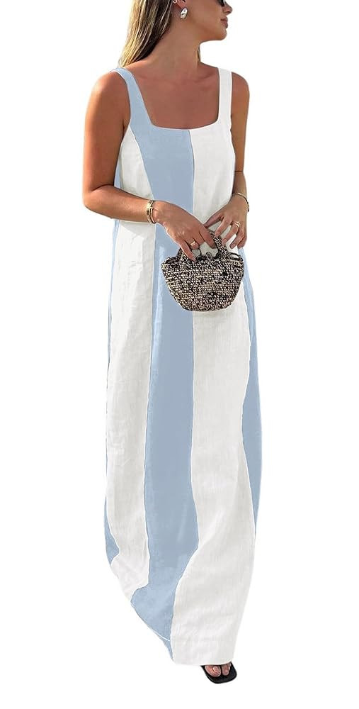 CHARTOU Women Summer Sleeveless Linen Dress Contrast Color Maxi Long Beach Vacation Tank Dress | Amazon (US)