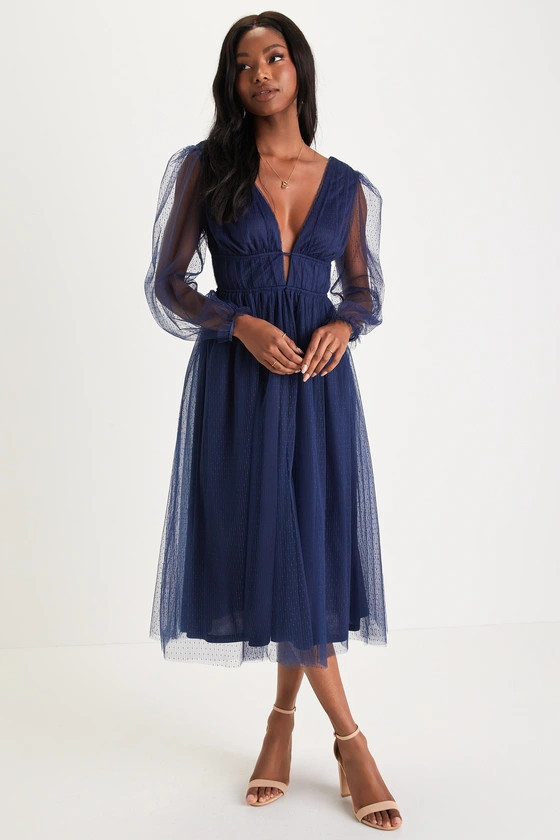 Fabulous Dedication Navy Blue Swiss Dot Mesh Midi Dress | Lulus (US)