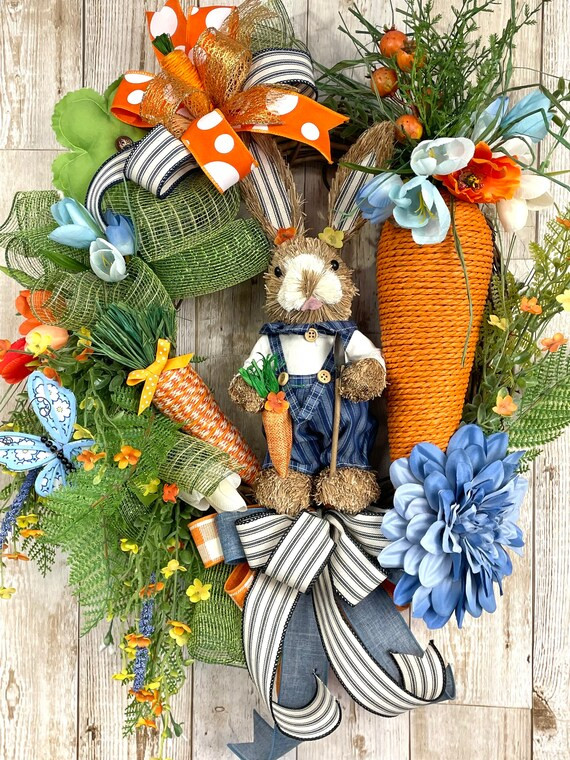 Easter Bunny Wreath for Front Door, Spring Bunny Farmhouse Door Decor, Bunny and Carrot Wreath, E... | Etsy (US)