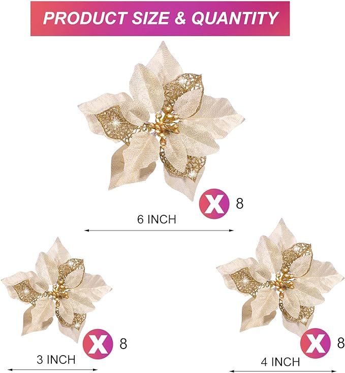 Boao 24 Pieces Christmas Glitter Poinsettia Flowers Artificial Xmas Flowers Wedding Christmas Tre... | Amazon (US)