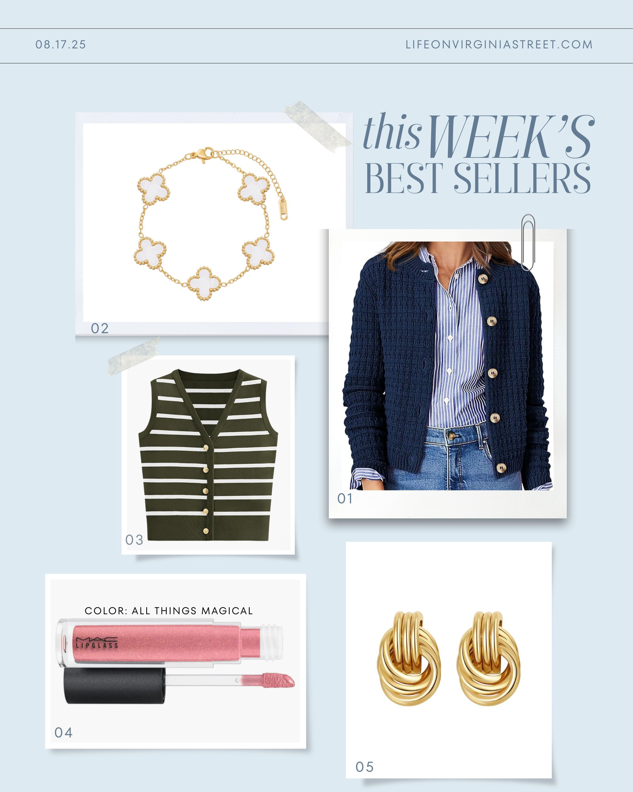This week's bestsellers include a cute chunky knit cardigan that's great for layering, a designer look for less clover bracelet, a striped sweater vest, my favorite lip gloss, and cute designer-inspired gold knot earrings! #ltkseasonal #ltkfindsunder50 #ltkfindsunder100 #ltkstyletip #ltkbeauty #ltkworkwear #ltkover40 #ltkmidsize #ltksalealert 

 

#LTKSeasonal #LTKSaleAlert #LTKFindsUnder50