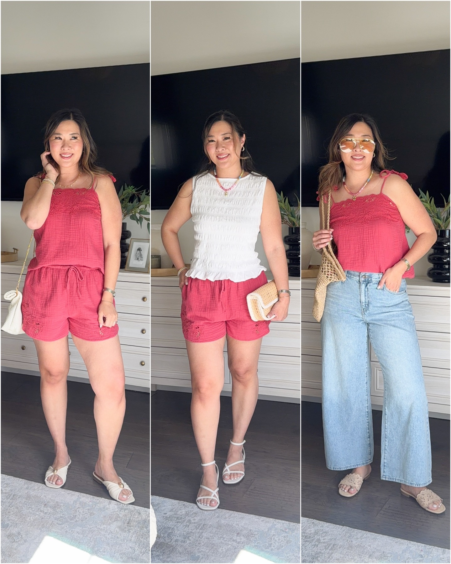 Target Set, styled 3 ways
Pink Tank: Small
Pink Shorts: Medium 
Smocked Tank: Medium
Wide Leg Ankle: 29