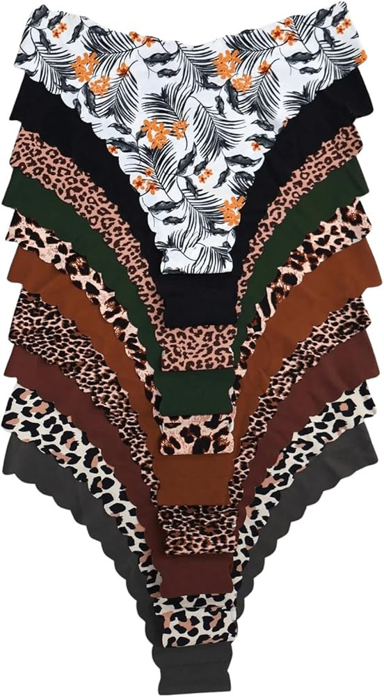 Women's 10 Pack Thongs Set Leopard Print Seamless Brief Floral Scallop Mid Rise No Show Panty Set | Amazon (US)