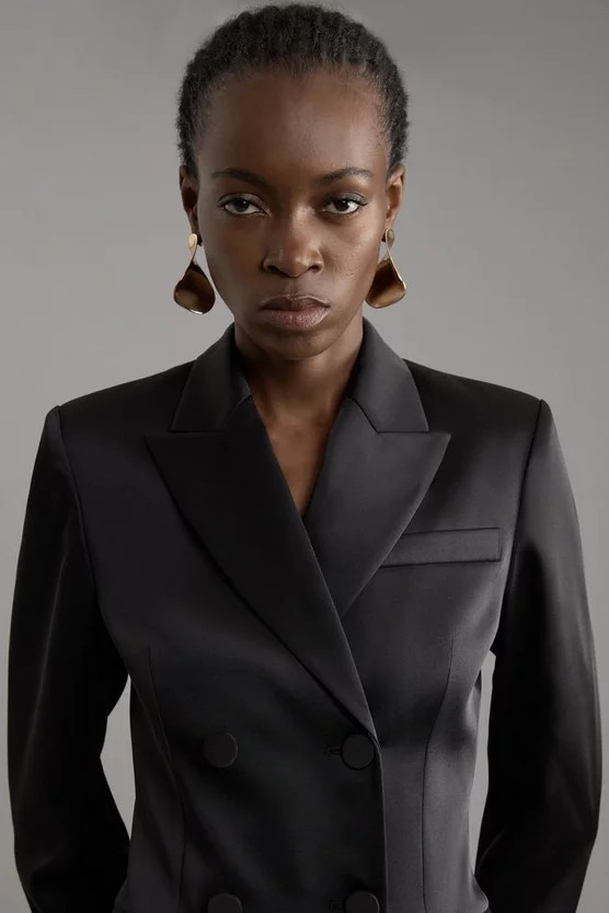 Structured Viscose Satin Tailored Double Breast Jacket | Karen Millen UK + IE + DE + NL