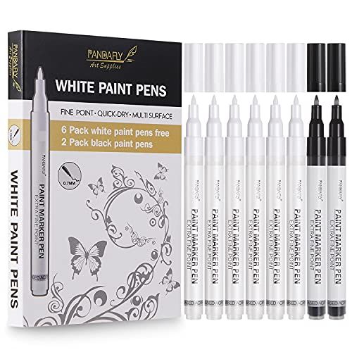 PANDAFLY White Paint Pens, 8 Pack 0.7mm Acrylic Permanent Marker 6 White With 2 Black Paint Pens for | Amazon (US)