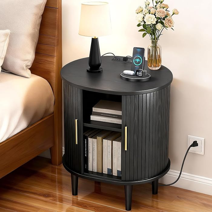Amazon.com: DHH Mid Century Modern Nightstand with Charging Station, Fluted Accent Side Table wit... | Amazon (US)