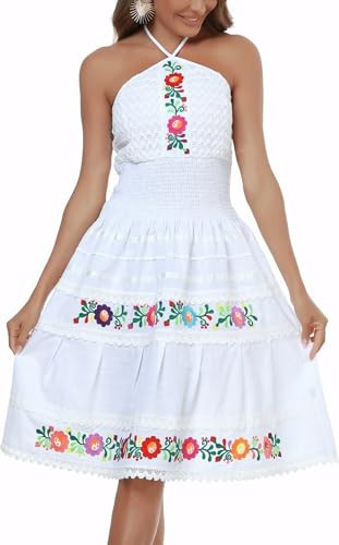 YZXDORWJ Mexican Embroidered White Halter Dress Women Boho Cotton Summer Dress for Graduation and Garden Parties (M, 342W) | Amazon (US)