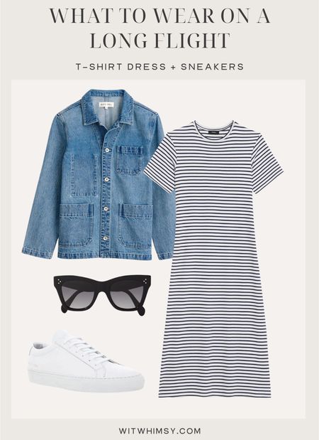 What to wear on a long flight - t-shirt dress, sneakers, denim jacket 

#LTKtravel #LTKstyletip