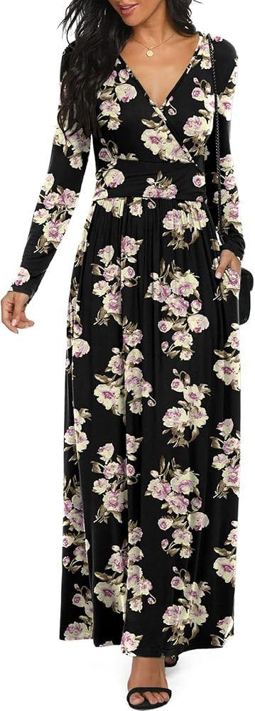 LILBETTER Women Long Sleeve Deep V Neck Loose Plain Long Maxi Casual Dress | Amazon (CA)