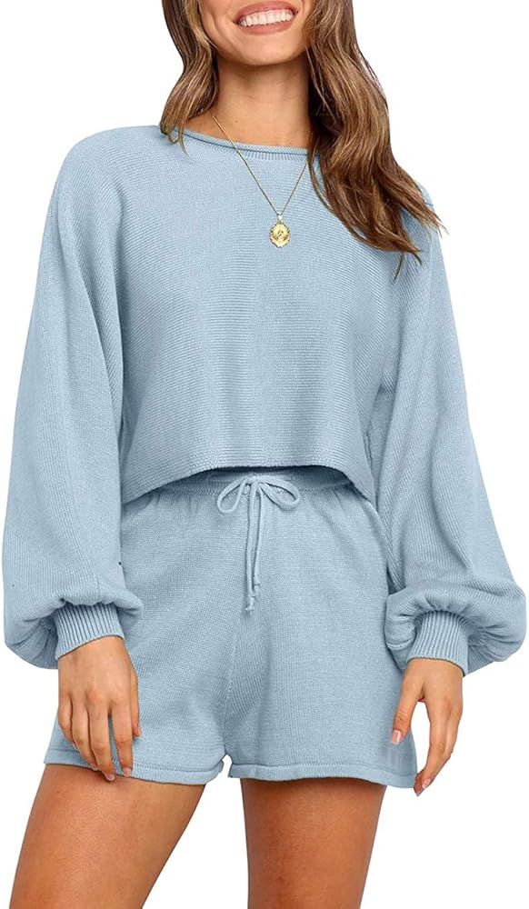 SYZRI Women's 2 Piece Knit Outfits Puff Sleeve Crop Top Shorts Set Sweater Sweatsuit | Amazon (US)