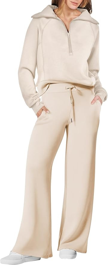 ANRABESS Women 2 Piece Outfits Sweatsuit Set 2023 Fall Oversized Half Zip Sweatshirt Wide Leg Swe... | Amazon (US)