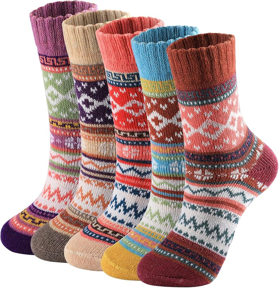 Trifabricy 5 Pairs Wool Socks for Women - Comfortable and Warm Womens Wool Socks, Vintage Women's... | Amazon (US)