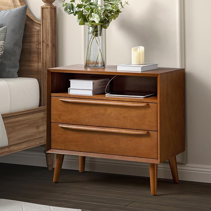 HULALA HOME Nightstand, Mid-Century Modern 2 Drawer and Open Shelf Dresser for Bedroom, Small Bed... | Amazon (US)