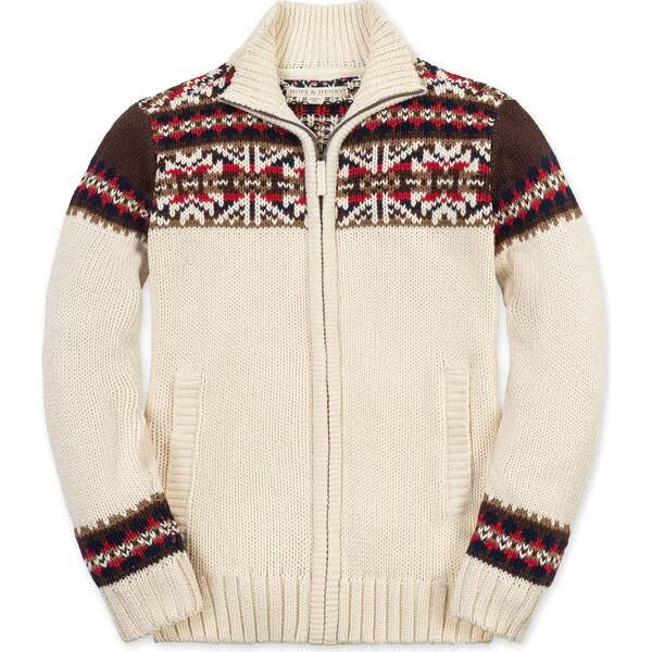 Organic Long Sleeve Full Zip Mock Neck Intarsia Sweater, Ivory Fireside Geo | Maisonette