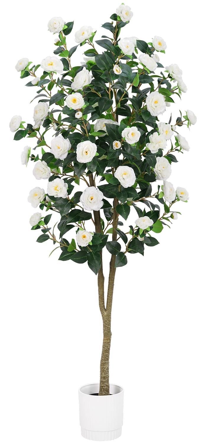 Artificial Camellia Tree 6FT – Nearly Natural Faux Plants Indoor, with Easy Assembly, Low Maintenance, Ideal for Both Indoor Decoration and Other Purposes，Perfect Porch Christmas Trees (White 6ft) | Amazon (US)