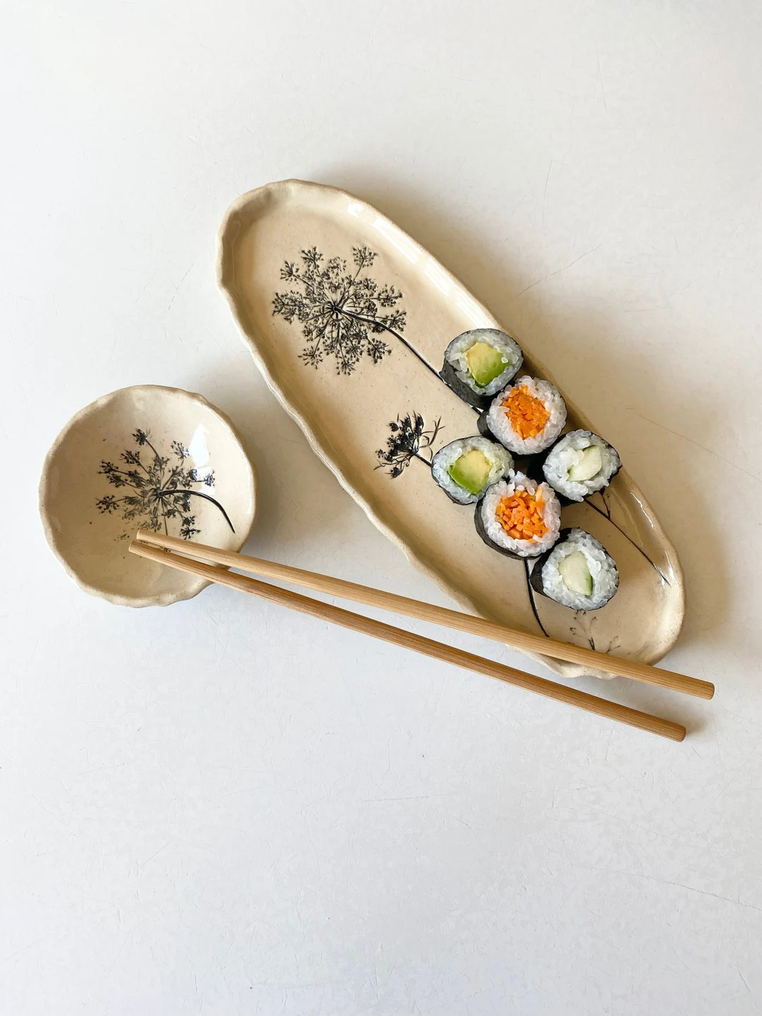 Sushi Tray Set With Dipping Bowl and Chop Sticks With Queen Anne's Lace Imprint for the Farmhouse... | Etsy (US)