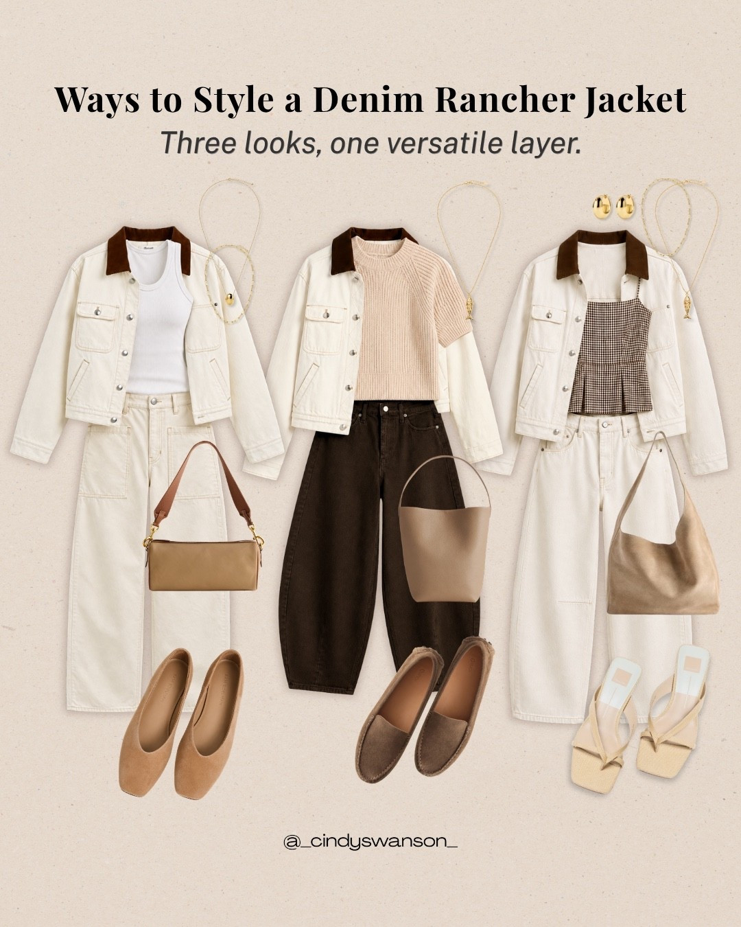 One versatile jacket, three easy outfits. This cream denim rancher jacket adds just the right layer to everything from white-on-white to dark denim and even a feminine gingham top, proof that a great jacket can work hard in your wardrobe.

💡 LTK MADE EASY
❤️ Heart = Support my posts!
🔖 Save = Get sale & restock alerts
📋 Lists = Keep favorites organized
📲 Share = Send lists and products to a friend. Hello, Christmas List!
💬 Comment = Ask me anything about what I’m wearing.:-)

#LTKootd #LTKSeasonal #LTKOver40