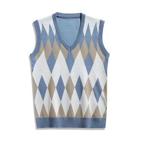 Merqwadd Men Sweater Vests Lightweight Rhombic Plaid V Neck Knit Jumper Fall Casual Pullovers Tops Preppy Style Streetwear | Walmart (US)
