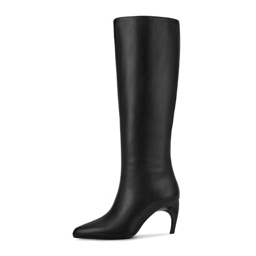 wetkiss Knee High Boots for Women, Black Kitten Heel Boots Wide Calf Sexy High Boots Pointed Toe Stiletto Heel Boots Full Side Zipper Winter Dress Club Party Leather Boots Thigh High Boots Size 9.5 | Amazon (US)