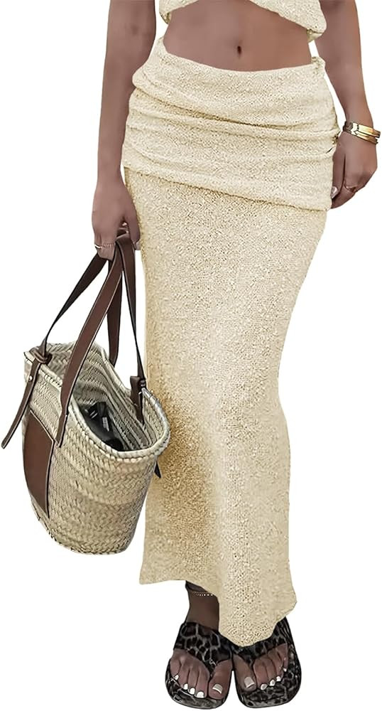 Saodimallsu Womens Beach Cover Up Maxi Skirt Sheer Fuzzy Knit Fold Over Mid Rise 2026 Summer Swim... | Amazon (US)