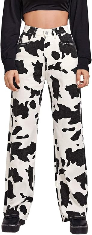 WDIRARA Women's Cow Print High Waist Wide Leg Jeans Casual Long Denim Pants | Amazon (US)