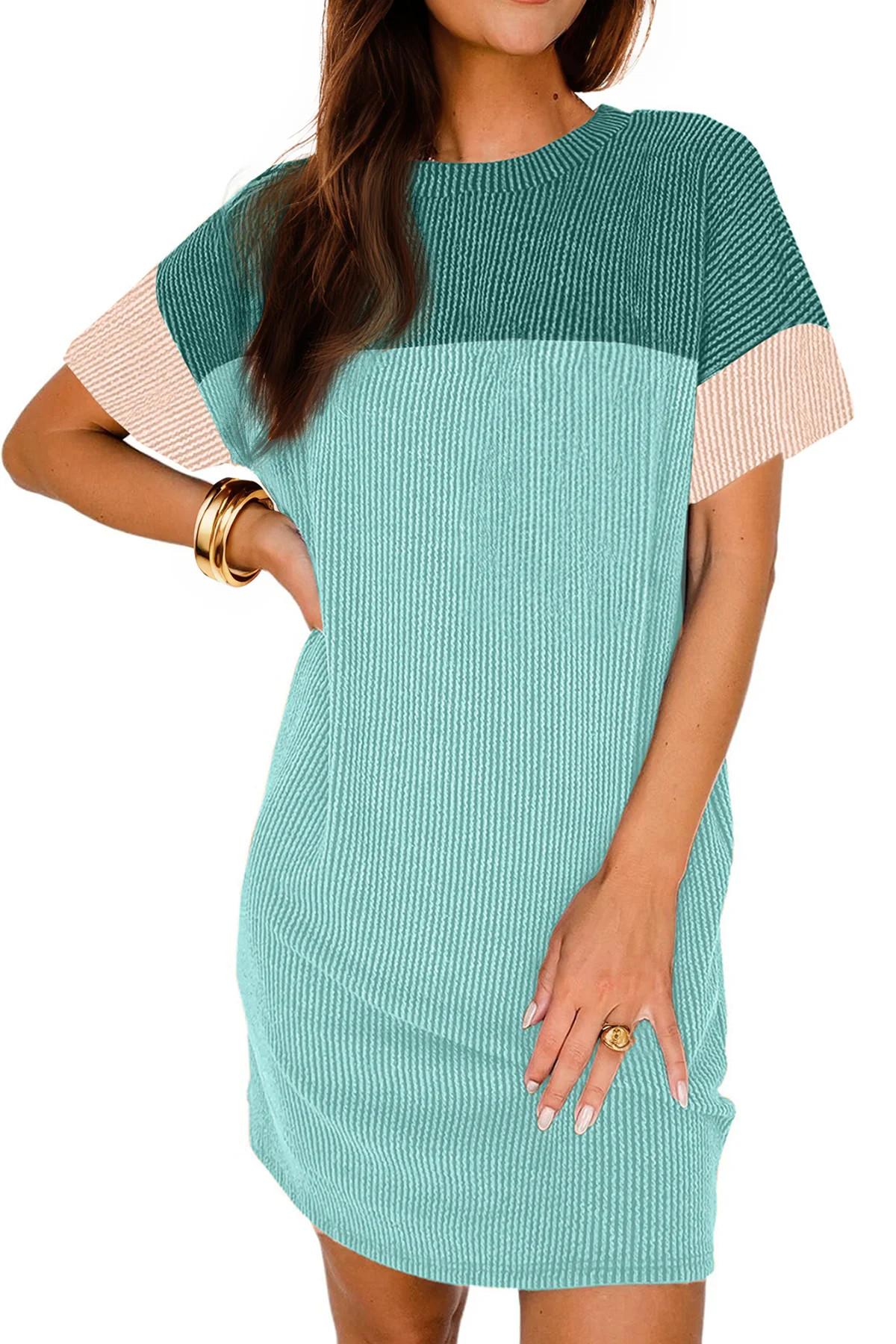 Fantaslook Summer Color Block Dresses for Women Crewneck Short Sleeve T shirts Dress Ribbed Dress... | Walmart (US)