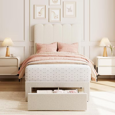 Twin Bed Frame with Under-Bed Drawer Storage – Boucle Upholstered Wave Headboard for Girls, Woo... | Target