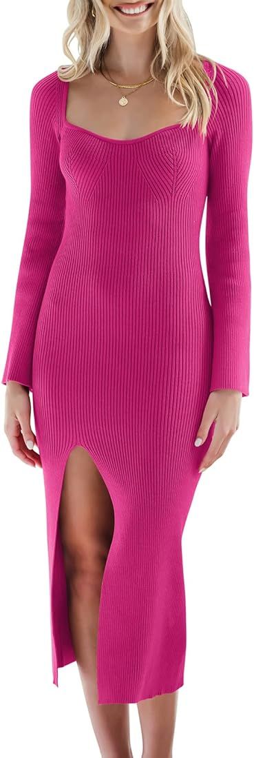 ANRABESS Women's Bell Long Sleeve Sweetheart Neck Slim Fit Ribbed Knit Slit Midi Sweater Dress | Amazon (US)