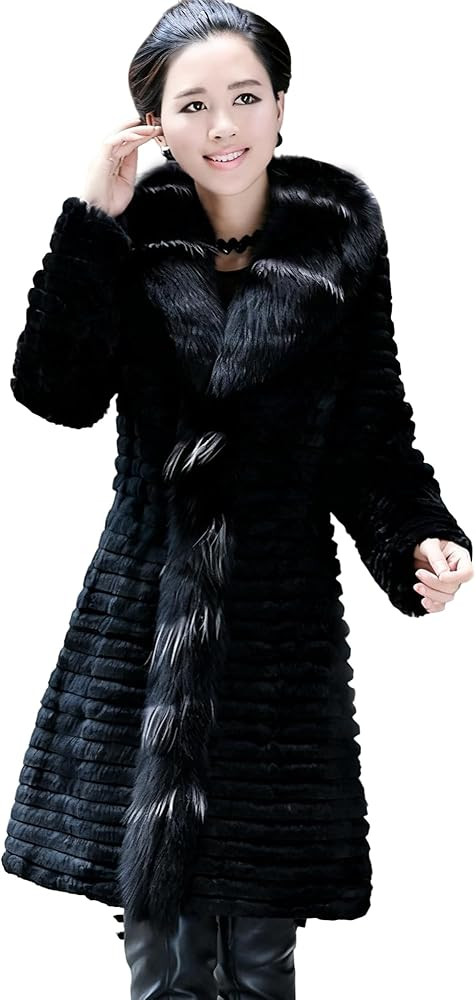 Fur Story Women's Long Real Rabbit Fur Coat with Fox Fur Placket Coat | Amazon (US)