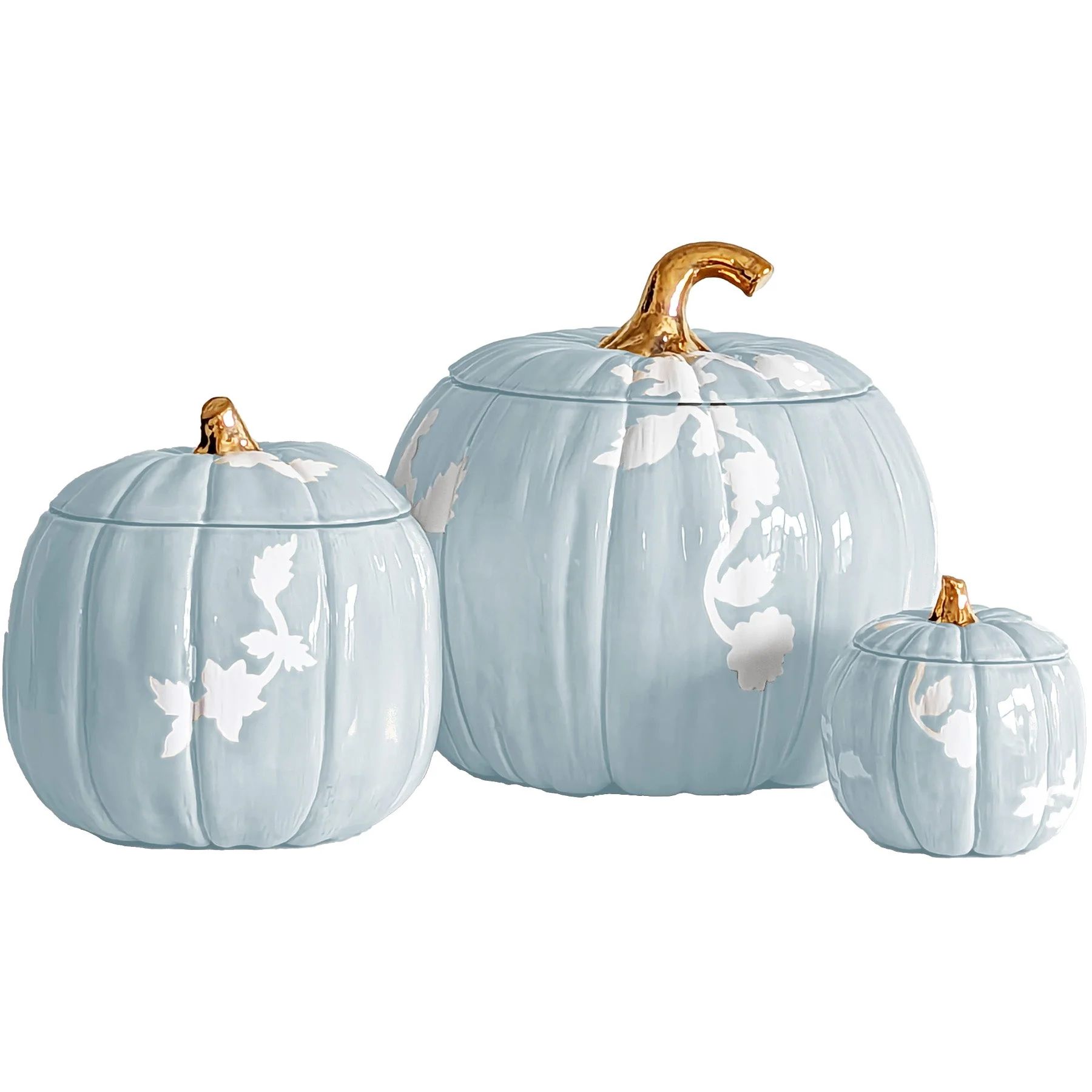Chinoiserie Pumpkin Jars with 22K Gold Accents in Light Blue | Ruby Clay Company