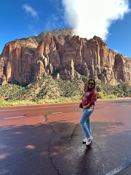 Took the babe to Zion, UT! Love these TTS maternity jeans from Pink Blush! And the best sneakers. Ran TTS for me! Travel. Comfortable. Bump friendly. 

#LTKstyletip #LTKbump #LTKtravel