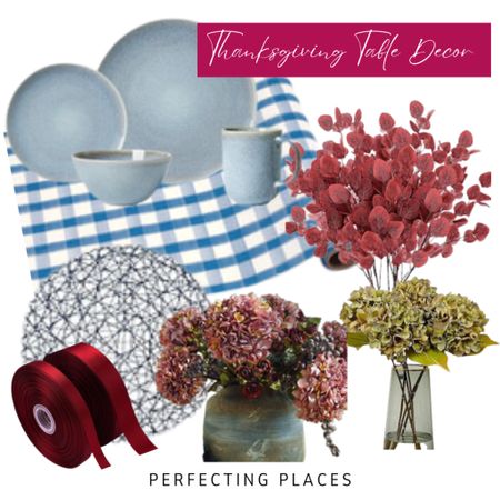 Create a beautiful table for Thanksgiving with blue dinnerware, blue and white plaid paper table runner roll, burgundy ribbon, and faux dried hydrangeas!

#LTKHoliday #LTKSeasonal #LTKhome