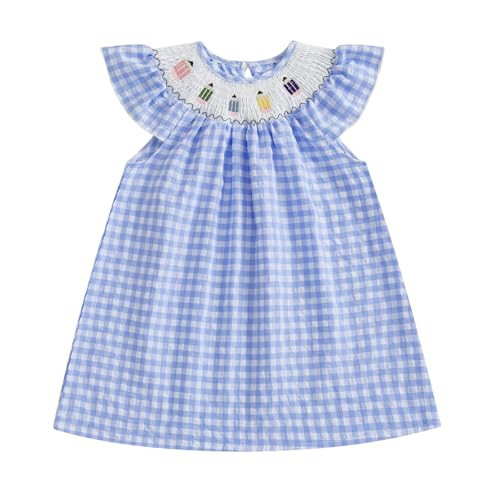 Toddler Baby Girl Back to School Outfit First Day of School Dress Plaid Embroidery Puff Sleeve Smocked Dresses Clothes (Sky Blue Pencil, 5-6 Years) | Amazon (US)