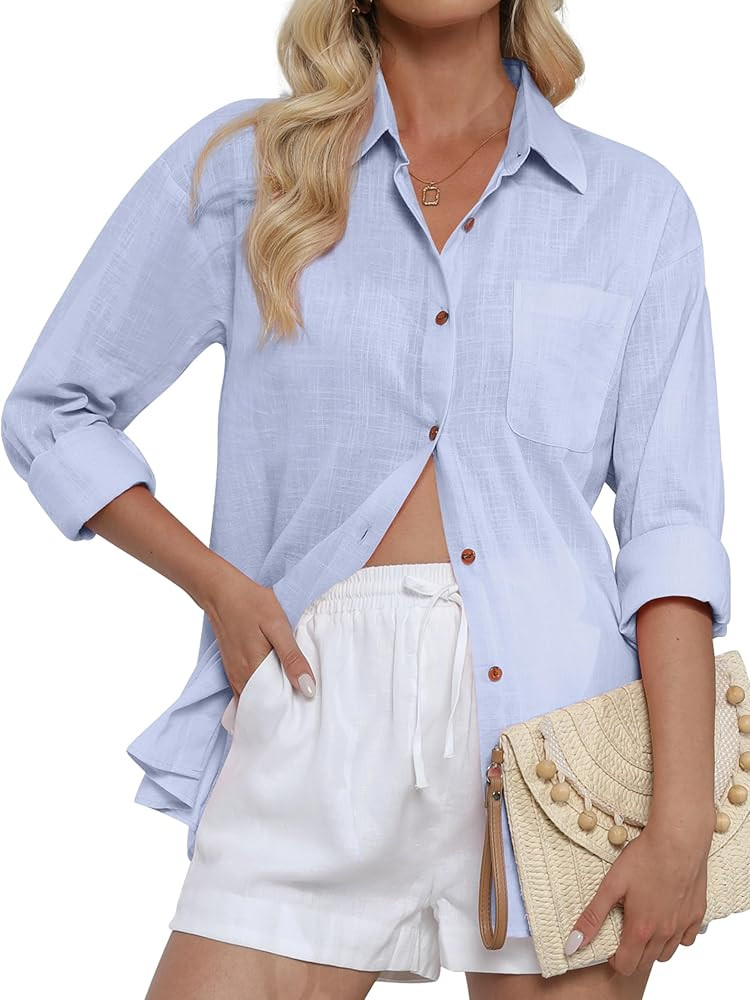 CUNLIN Women's Button Down Shirts Long Sleeve Cotton Summer Beach Wear for Women with Pocket | Amazon (US)