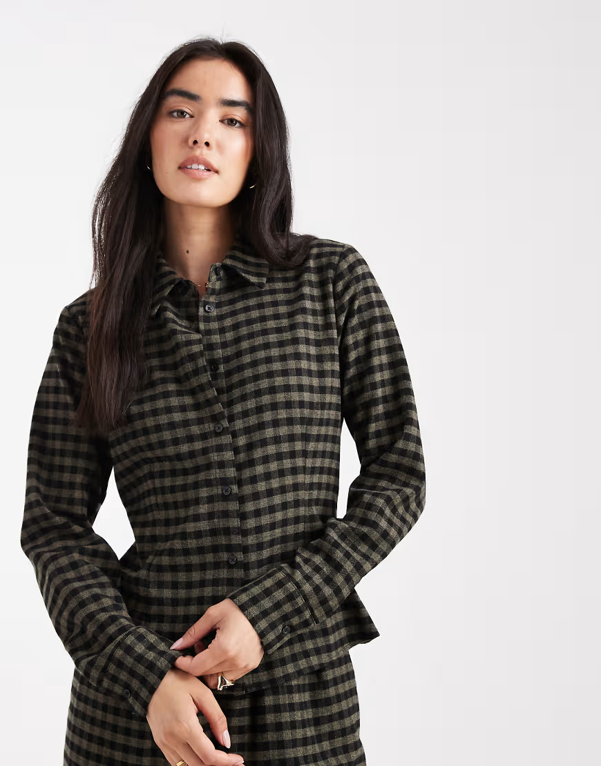 ASOS DESIGN cinched shirt in co-ord in black & khaki check-Multi | ASOS (Global)