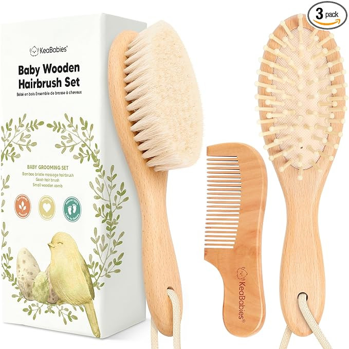 Baby Hair Brush Set for Newborns - Soft Goat Bristle Wooden Baby Brush and Comb Set Newborn Groom... | Amazon (US)