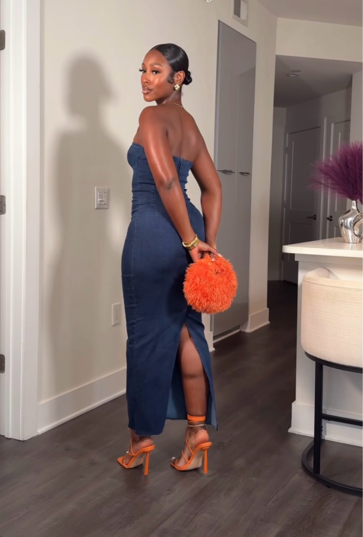 blue dress with orange heels Cobalt And Orange Outfit Colorblock Ideas