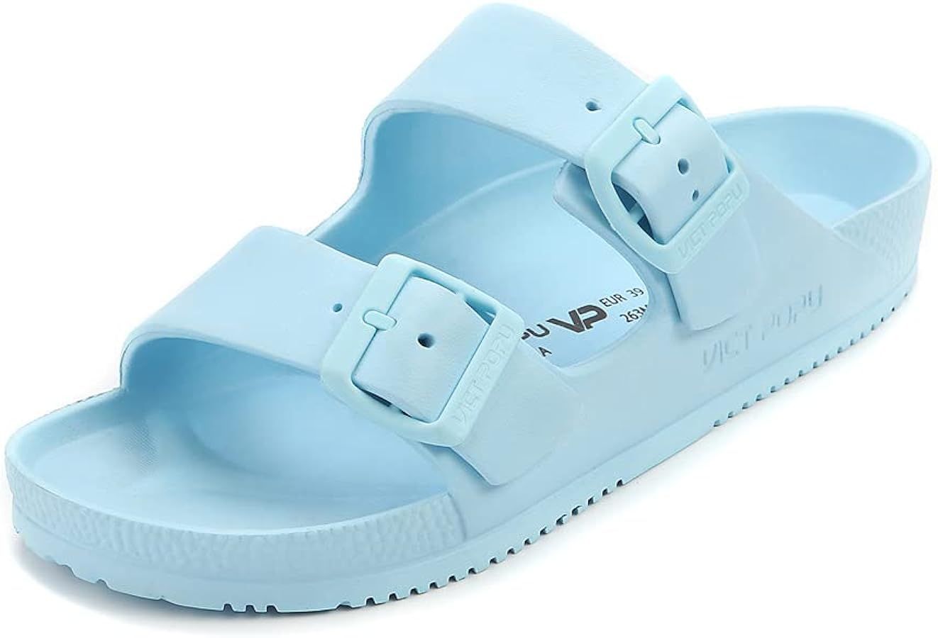 VICT POPU Womens Sandals Adjustable Double Buckle Strap Waterproof EVA Flat Slides | Amazon (US)