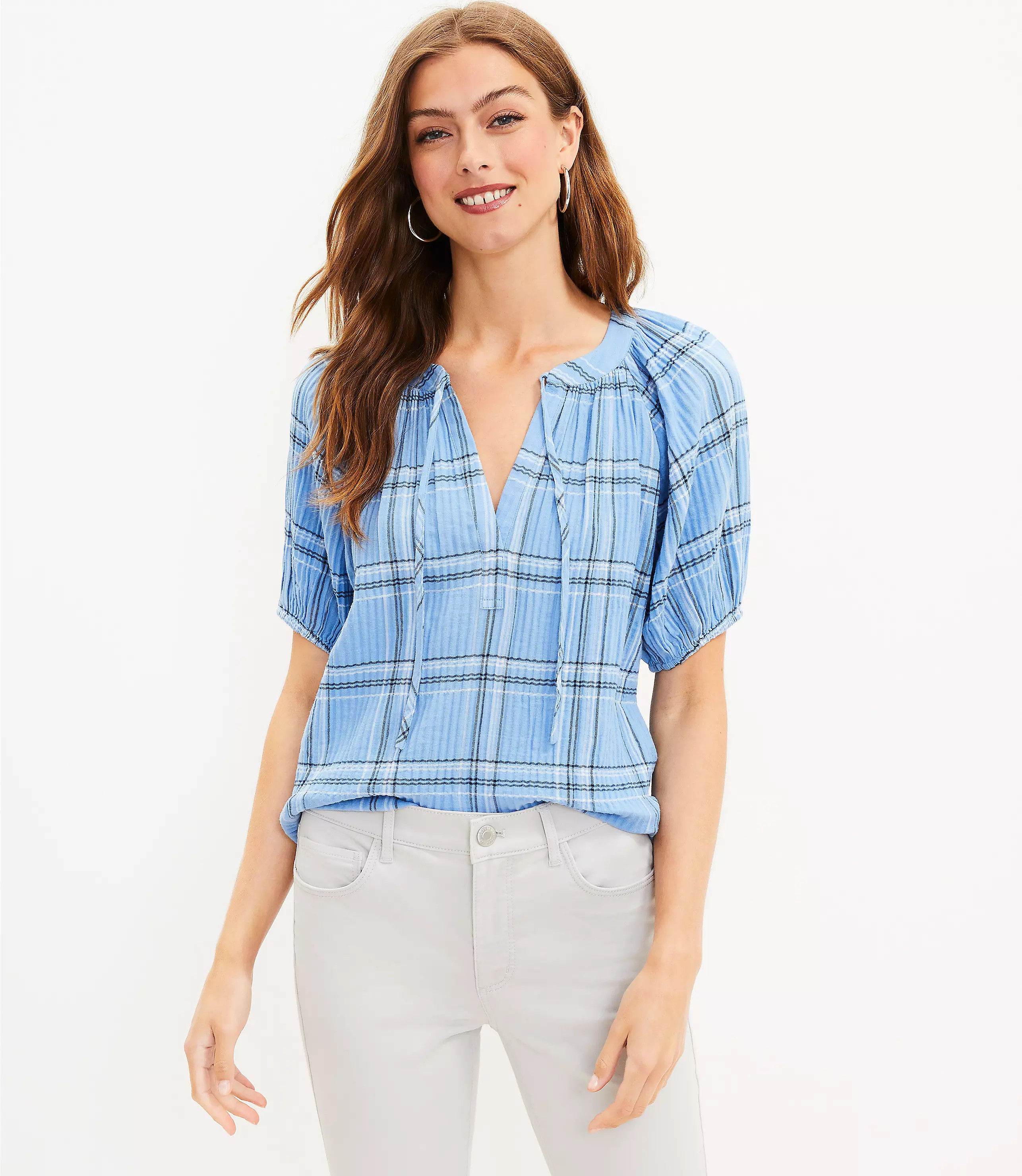 Plaid Tie Neck Puff Sleeve Top | LOFT