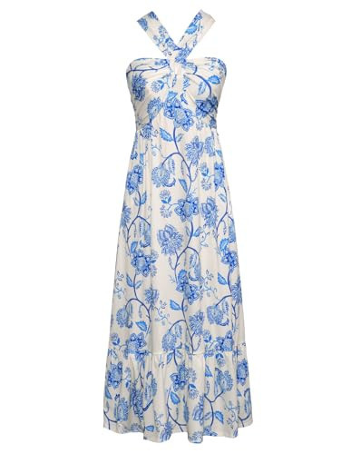 GRACE KARIN 2024 Summer Women's Criss Cross Halterneck Sleeveless Floral Print Flowy A Line Maxi Dress Beige Blue S | Amazon (US)
