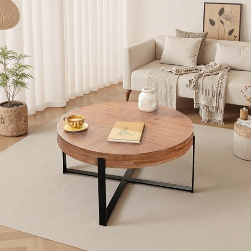33.86" Modern Retro Splicing Round Coffee Table,Fir Wood Table Top with Black Cross Legs Base | Amazon (US)