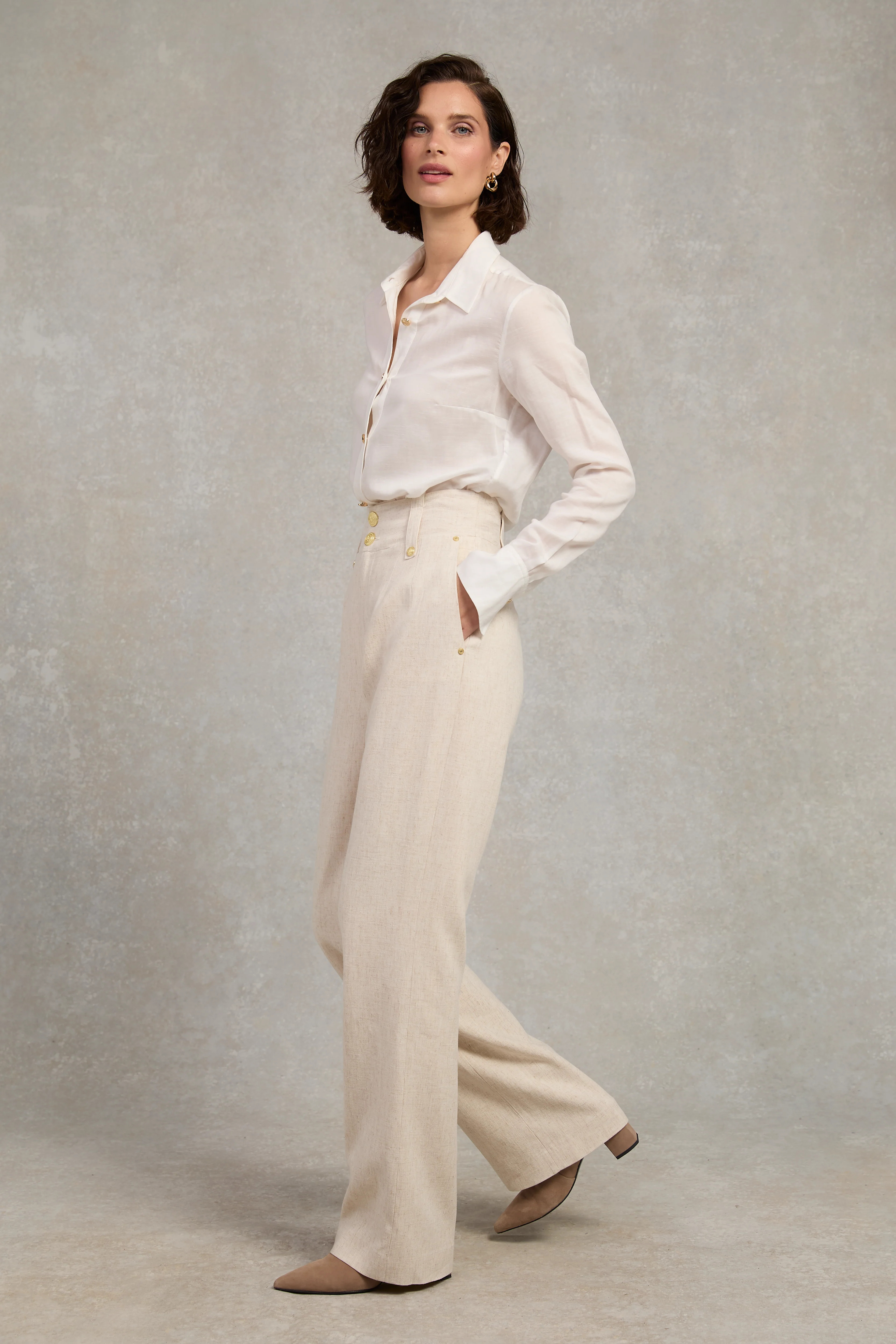 High Waisted Straight Trouser (Natural Linen) | Holland Cooper