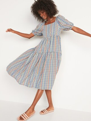 Waist-Defined Puff-Sleeve Plaid Midi Dress for Women | Old Navy (US)