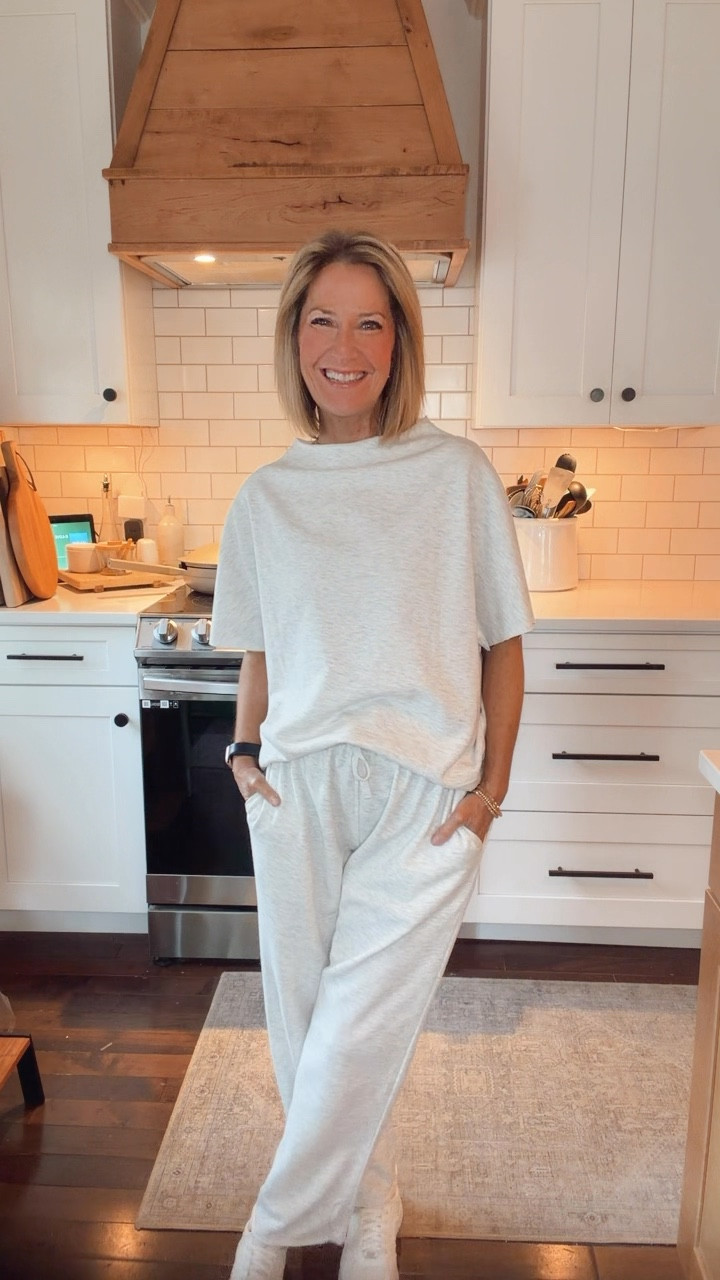 Soft + cute matching set • relaxed fit • oversized top • raw hem finish • throw on and go.   Wearing size small.  Pants will be more cropped if you’re over 5’4.   Comes in other color options .

#LTKOver40 #LTKSeasonal #LTKootd