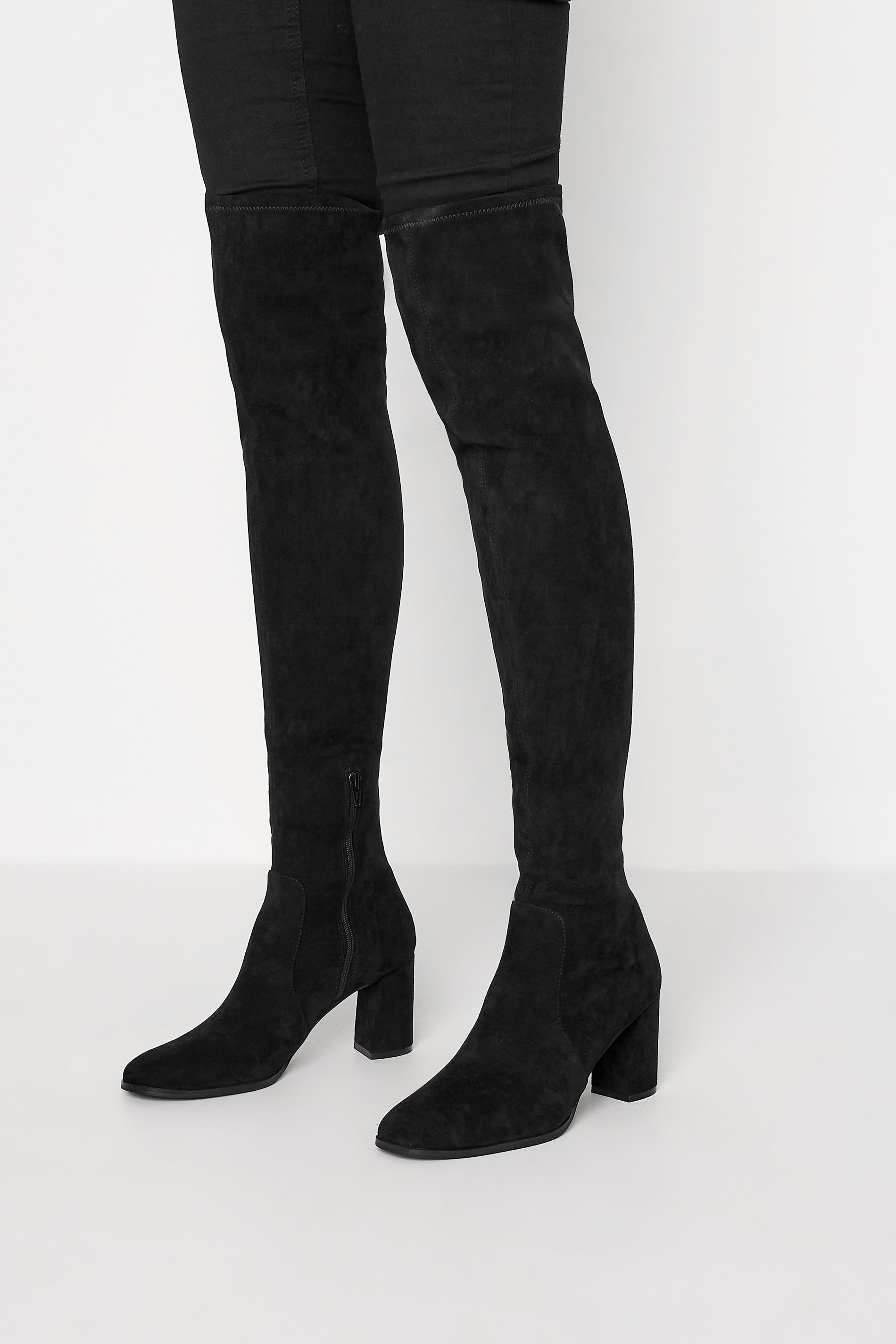 LTS Black Suede Heeled Over The Knee Boots In Standard D Fit | Long Tall Sally