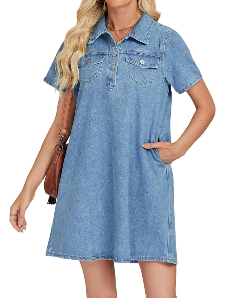 Womens Denim Shirt Dress Summer Collared V Neck Mini Casual Jean Dresses with Pockets | Amazon (US)